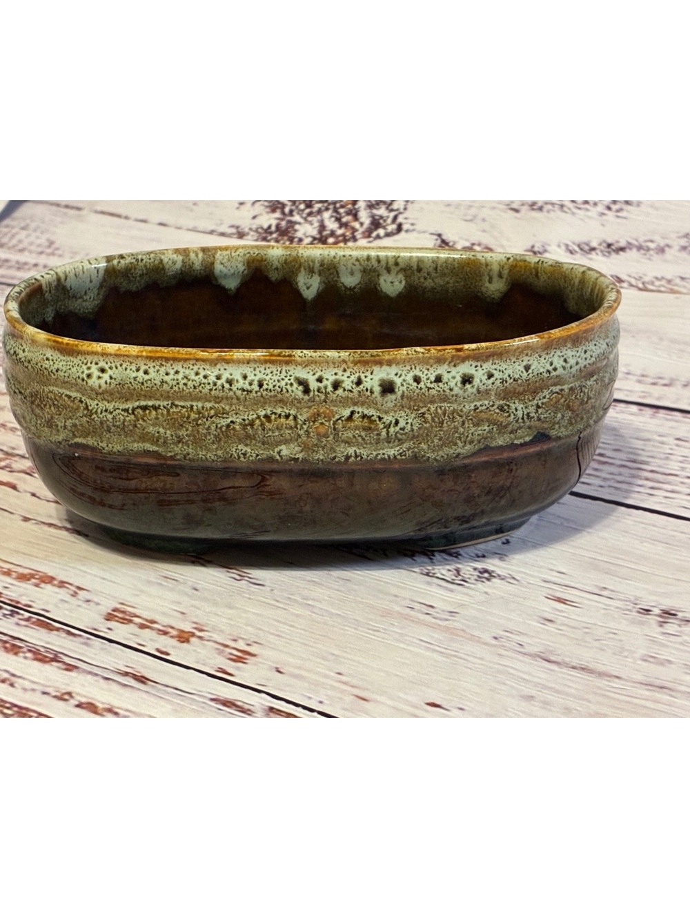Vintage MCM Studio Pottery Oval Bowl Brown Green Drip Glaze Planter